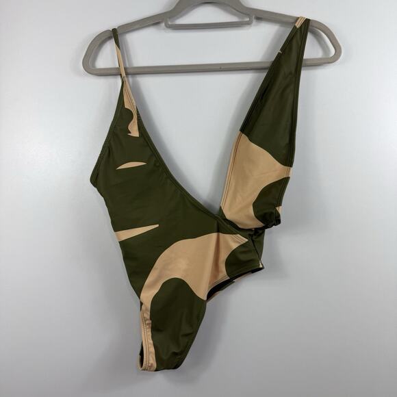 Matte Collection NWOT Swimsuit & Cover Green Camo Assymetric Plunge Neckline - Picture 1 of 12
